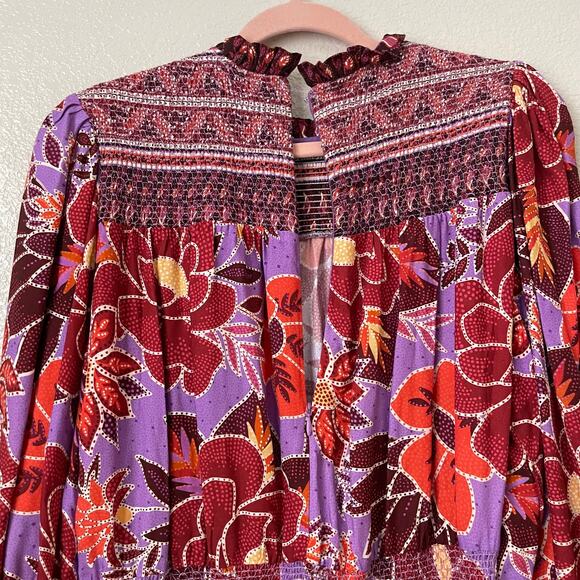 Farm Rio Dress Womens Large Purple Sweet Floral Mini Smocked Puff Sleeve‎ Boho - Picture 10 of 15
